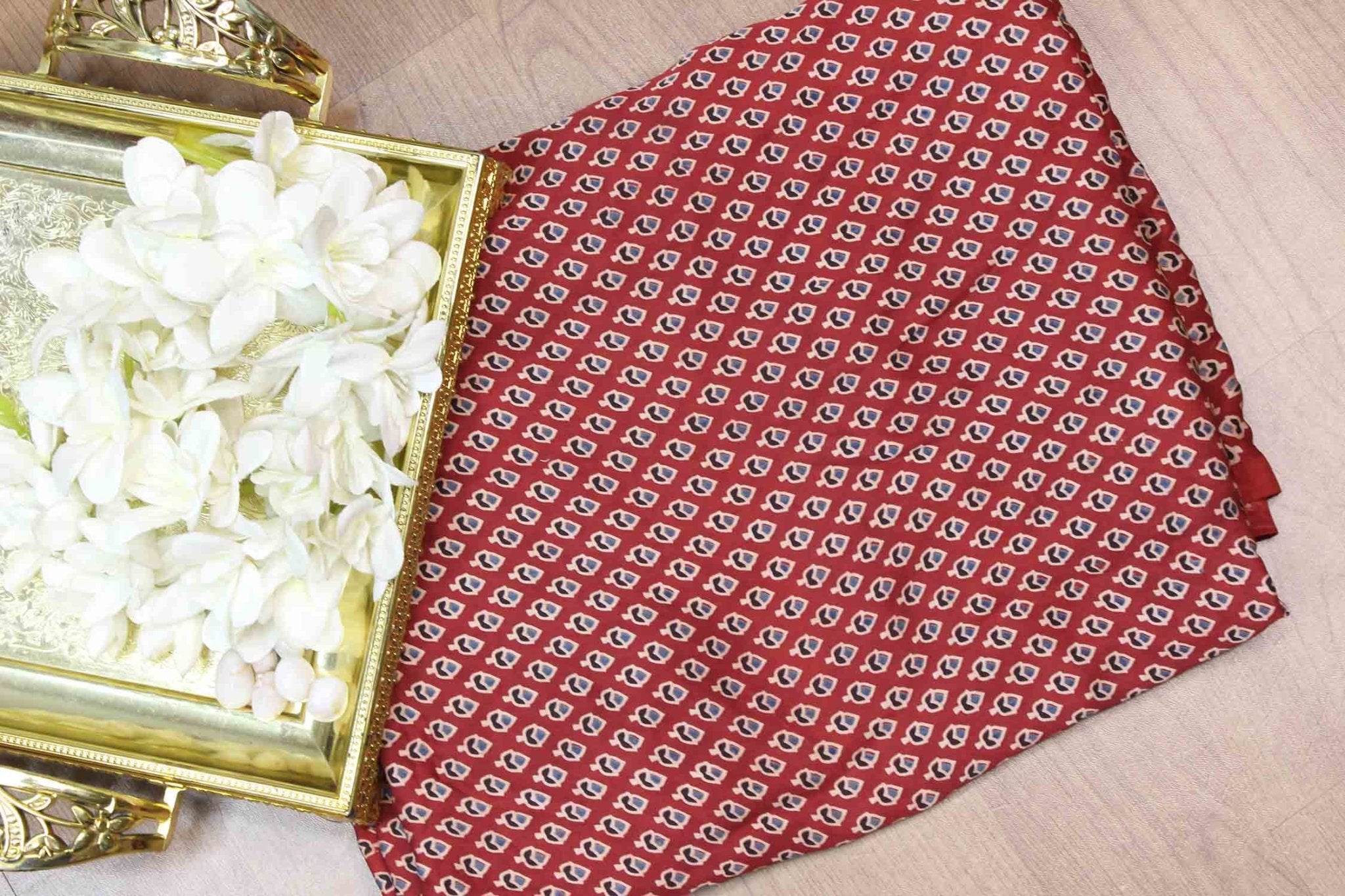 Red Block Printed Ajrakh Modal Silk Fabric ( 1 Mtr ) - Luxurion World