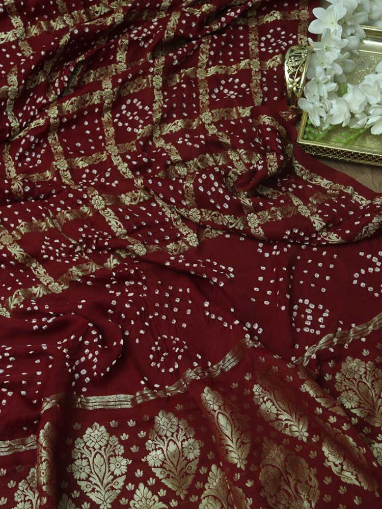 Red Checks Bandhani Gajji Silk Gharchola Dupatta - Luxurion World