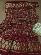 Red Checks Bandhani Gajji Silk Gharchola Dupatta - Luxurion World