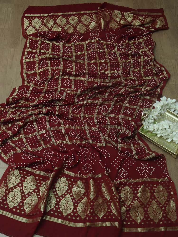 Red Checks Bandhani Gajji Silk Gharchola Dupatta - Luxurion World