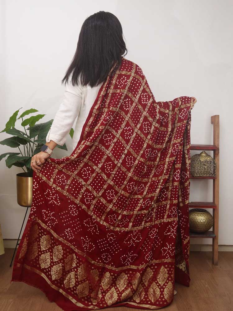 Red Checks Bandhani Gajji Silk Gharchola Dupatta - Luxurion World