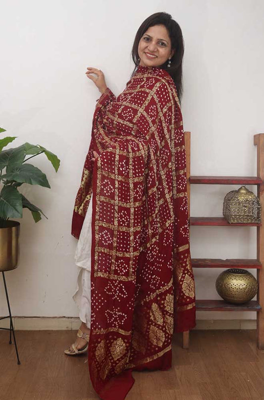 Red Checks Bandhani Gajji Silk Gharchola Dupatta - Luxurion World