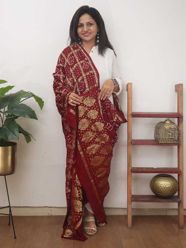 Red Checks Bandhani Gajji Silk Gharchola Dupatta - Luxurion World