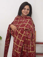 Red Checks Bandhani Gajji Silk Gharchola Dupatta - Luxurion World