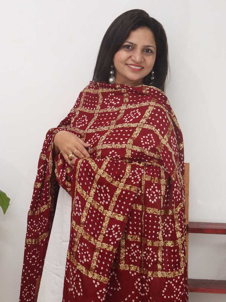 Red Checks Bandhani Gajji Silk Gharchola Dupatta - Luxurion World