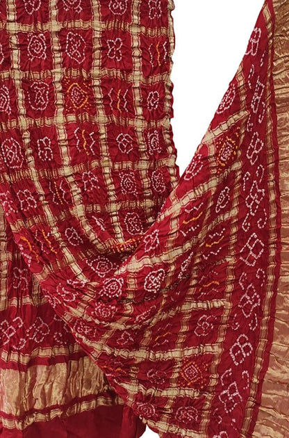Red Checks Bandhani Pure Gajji Silk Tissue Border Dupatta - Luxurion World