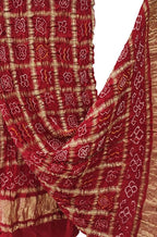 Red Checks Bandhani Pure Gajji Silk Tissue Border Dupatta - Luxurion World