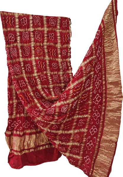 Red Checks Bandhani Pure Gajji Silk Tissue Border Dupatta - Luxurion World