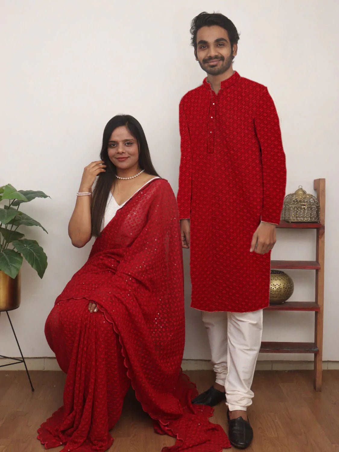 Red Chikankari Embroidered Georgette Sequins Couple Set - Luxurion World