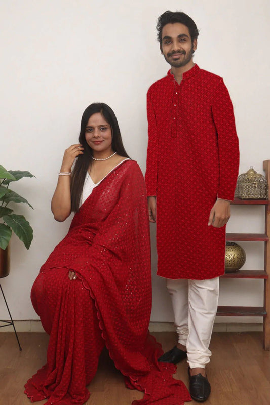Red Chikankari Embroidered Georgette Sequins Couple Set