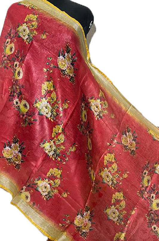Red Digital Printed Linen Dupatta - Luxurion World