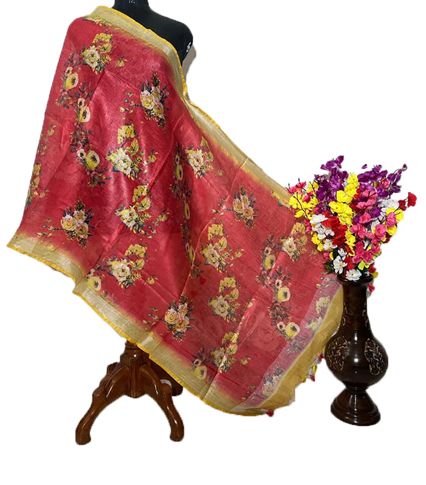 Red Digital Printed Linen Dupatta - Luxurion World