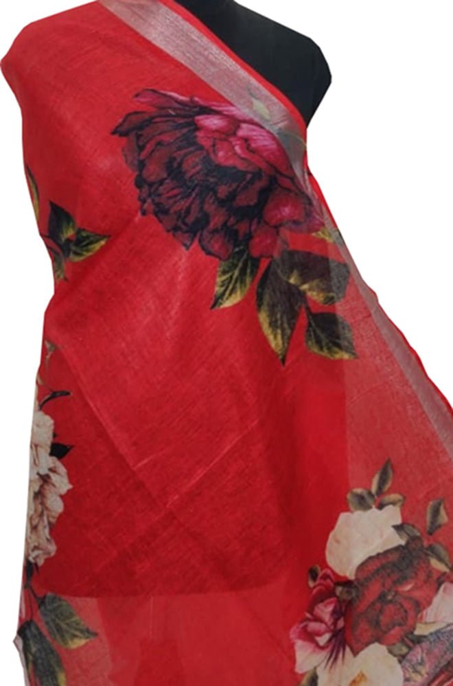 Red Digital Printed Linen Floral Design Dupatta - Luxurion World
