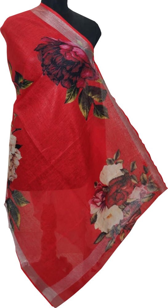 Red Digital Printed Linen Floral Design Dupatta - Luxurion World