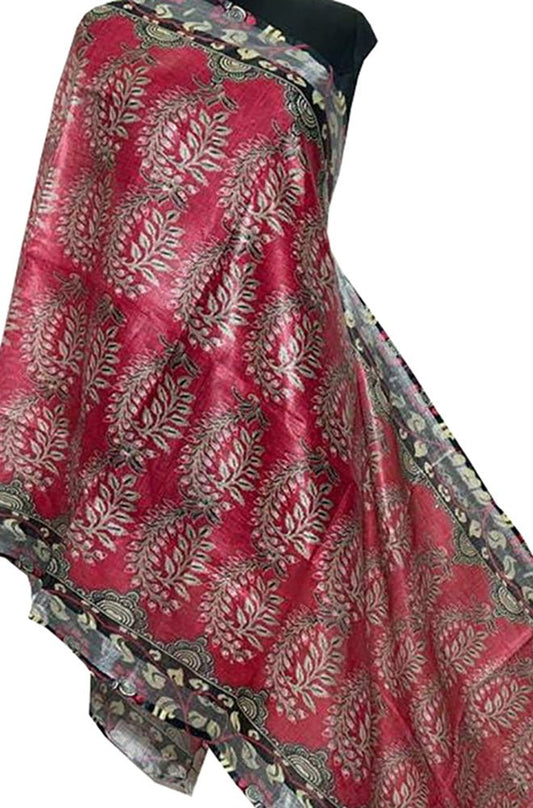 Red Digital Printed Linen Floral Design Dupatta - Luxurion World