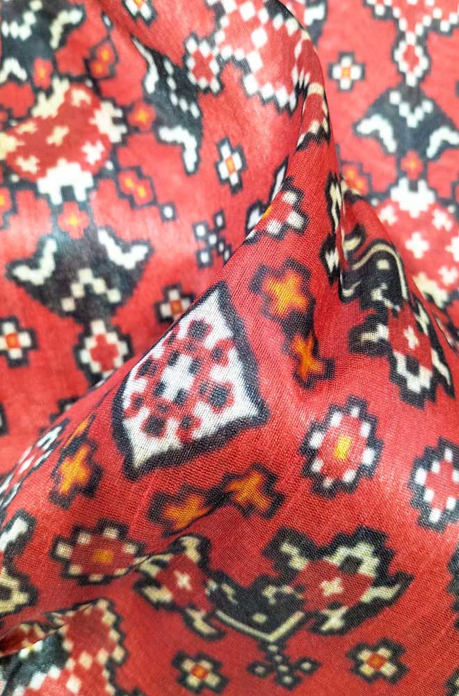 Red Digital Printed Tussar Silk Patola Design Fabric ( 1 Mtr ) - Luxurion World