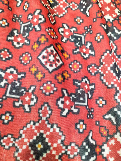 Red Digital Printed Tussar Silk Patola Design Fabric ( 1 Mtr )