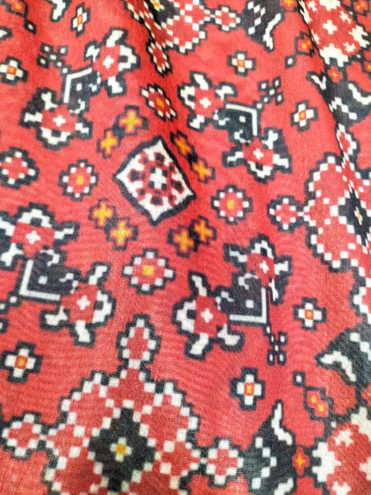 Red Digital Printed Tussar Silk Patola Design Fabric ( 1 Mtr ) - Luxurion World
