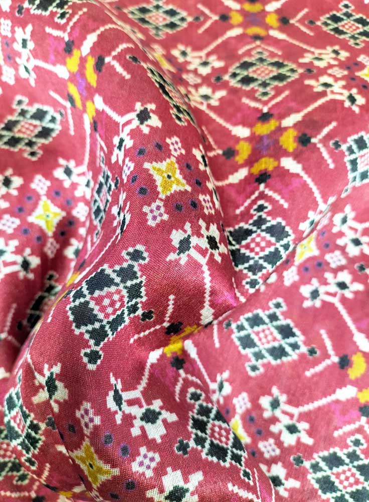 Red Digital Printed Tussar Silk Patola Design Fabric ( 1 Mtr )