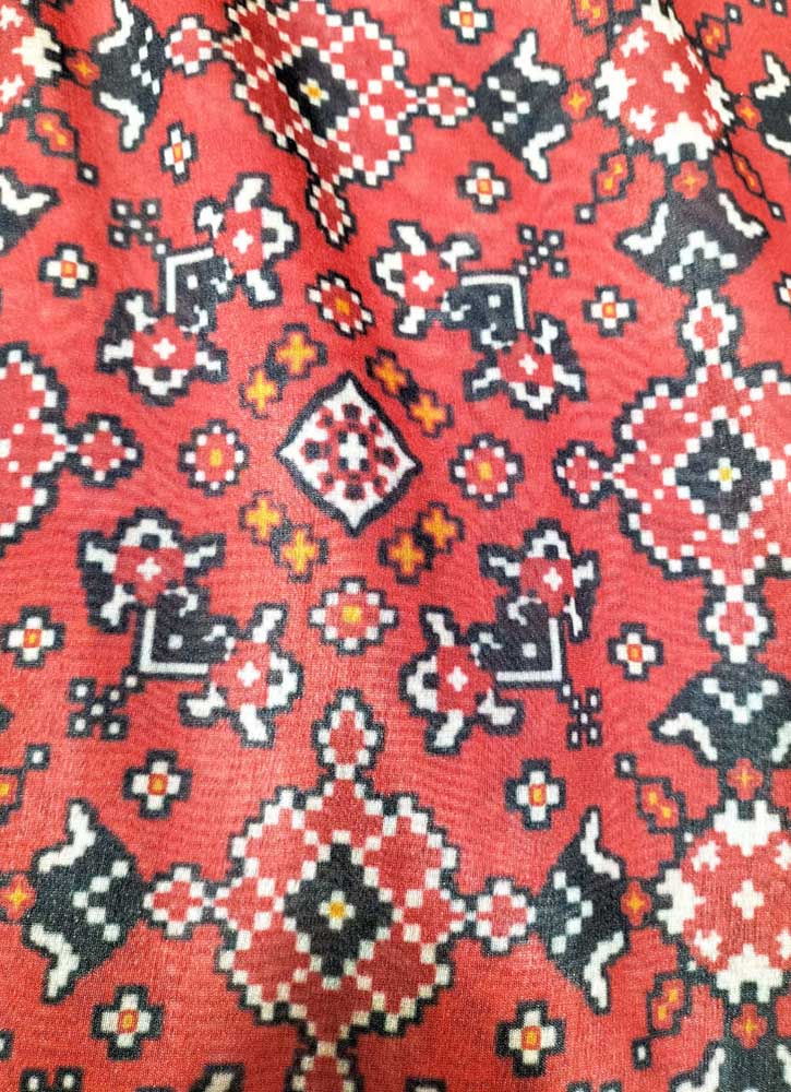 Red Digital Printed Tussar Silk Patola Design Fabric ( 1 Mtr ) - Luxurion World