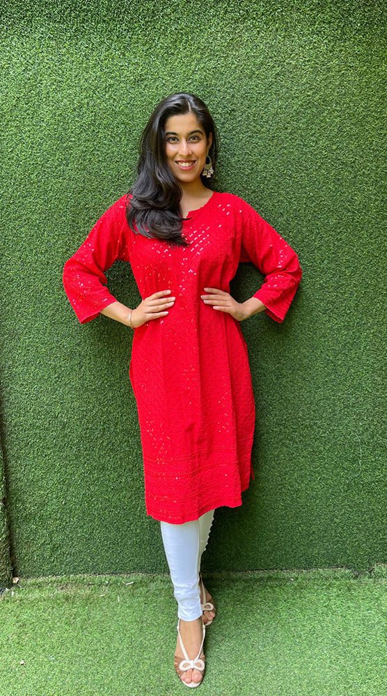 Red Buti Block Printed Knee Length Cotton Kurti – Fabru