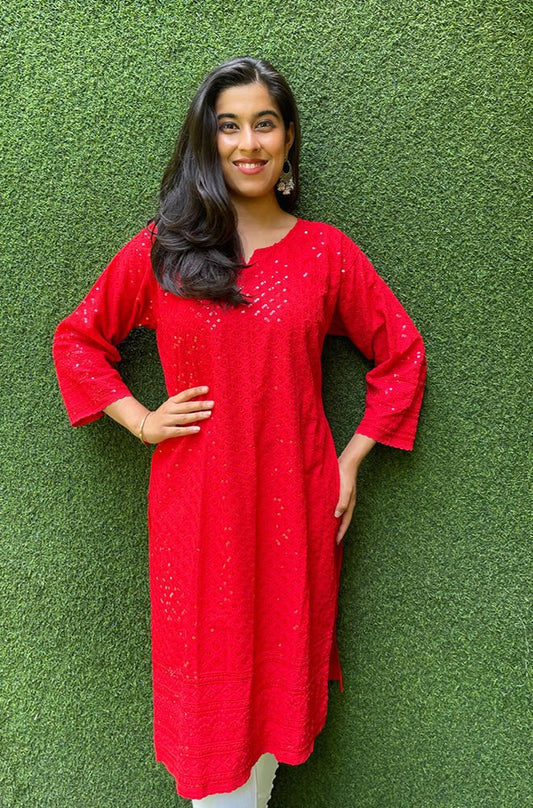 Red Embroidered Chikankari Cotton Stitched Kurti - Luxurion World
