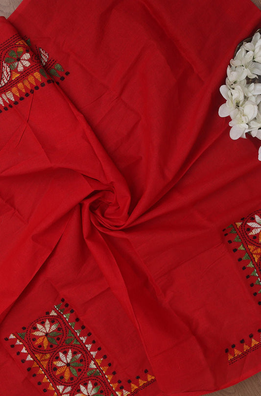 Red Embroidered Kantha Cotton Blouse Piece Fabric ( 1 Mtr ) - Luxurion World