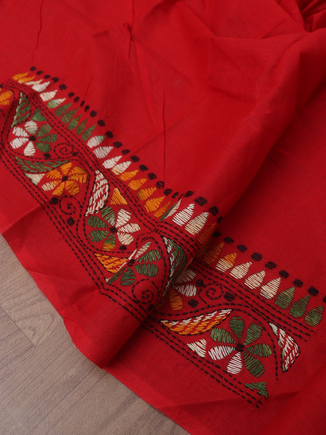 Red Embroidered Kantha Cotton Blouse Piece Fabric ( 1 Mtr ) - Luxurion World