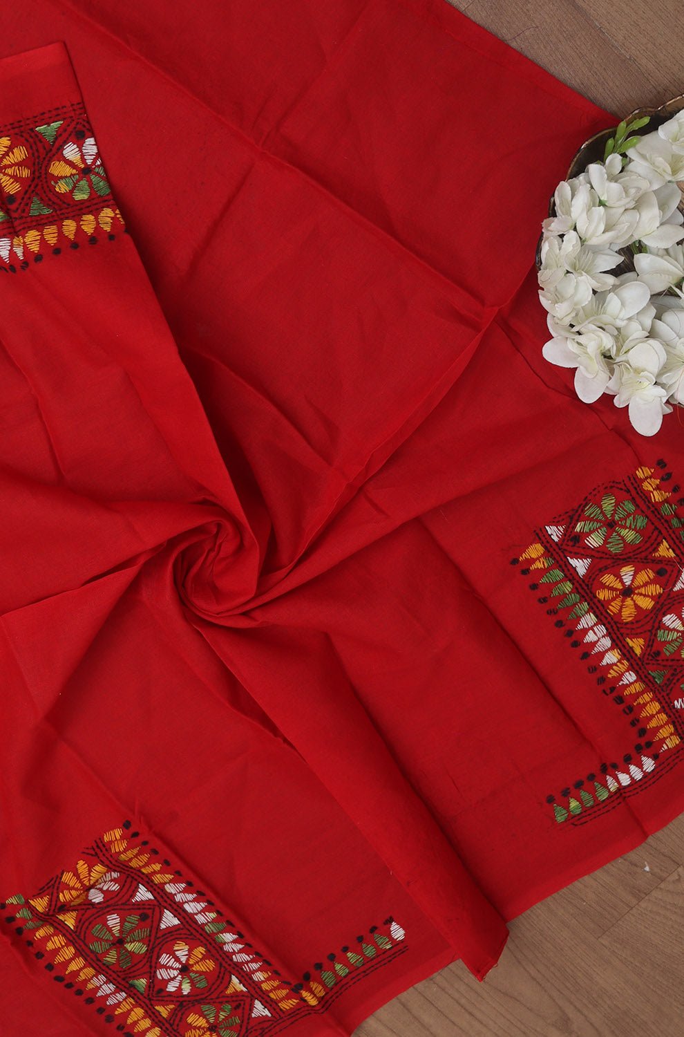 Red Embroidered Kantha Cotton Blouse Piece Fabric ( 1 Mtr )