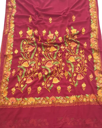 Red Embroidered Kashmiri Aari Work Georgette Flower Design Saree - Luxurion World