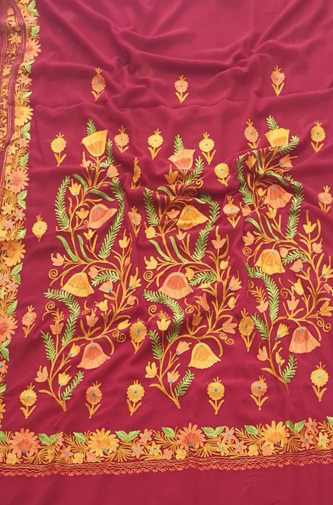 Red Embroidered Kashmiri Aari Work Georgette Flower Design Saree