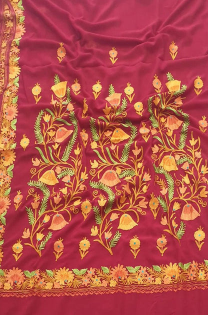 Red Embroidered Kashmiri Aari Work Georgette Flower Design Saree - Luxurion World