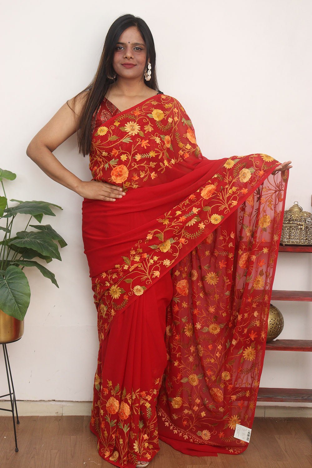 Red Embroidered Kashmiri Aari Work Georgette Saree - Luxurion World