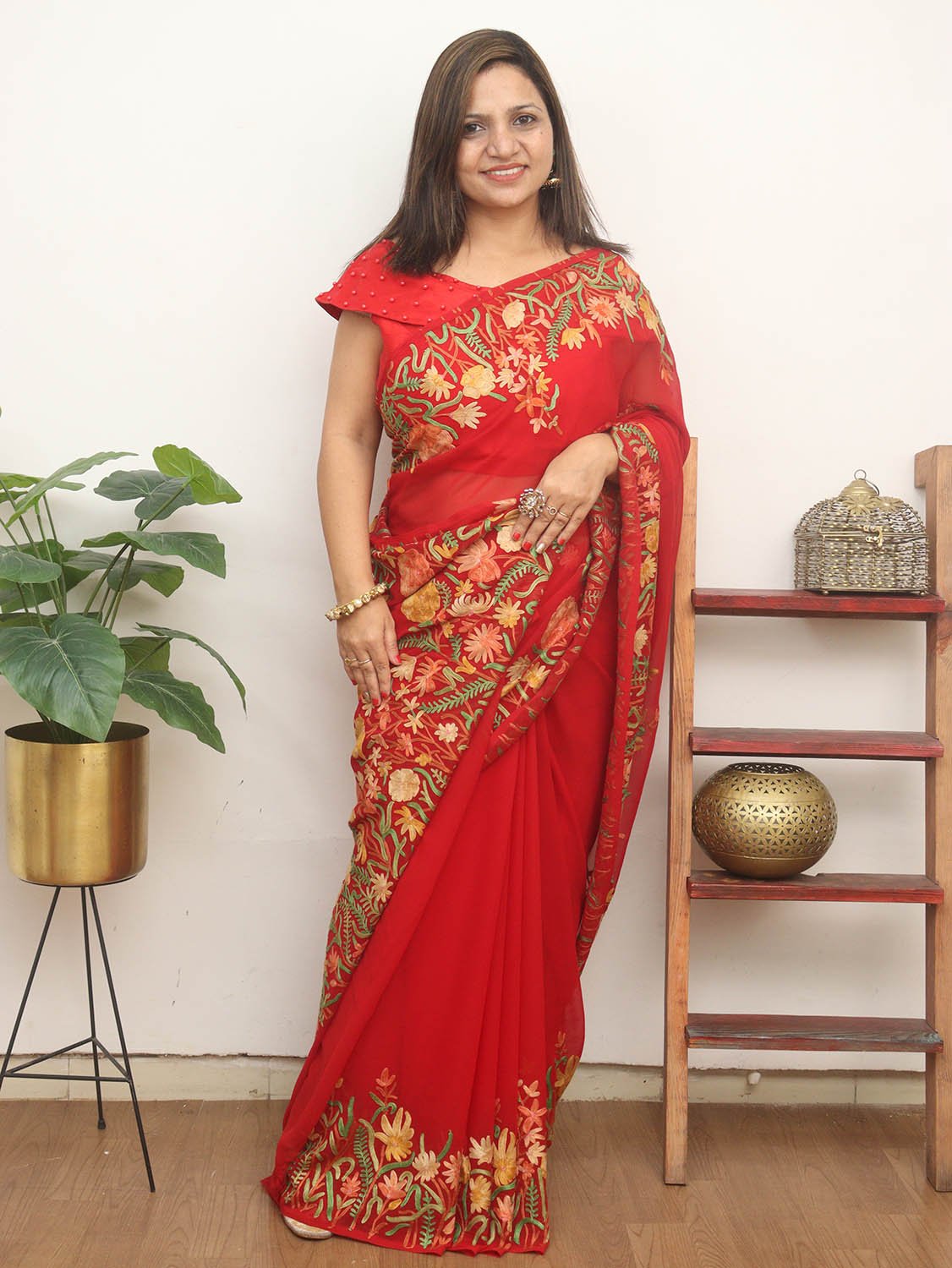 Red Embroidered Kashmiri Aari Work Georgette Saree - Luxurion World