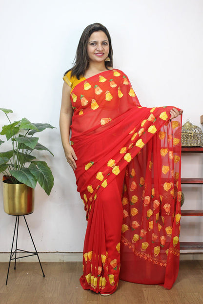 Red Embroidered Kashmiri Aari Work Georgette Saree - Luxurion World