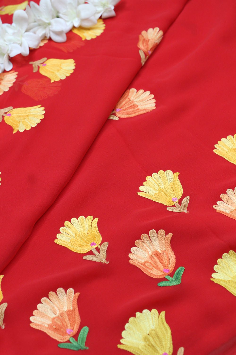 Red Embroidered Kashmiri Aari Work Georgette Saree - Luxurion World