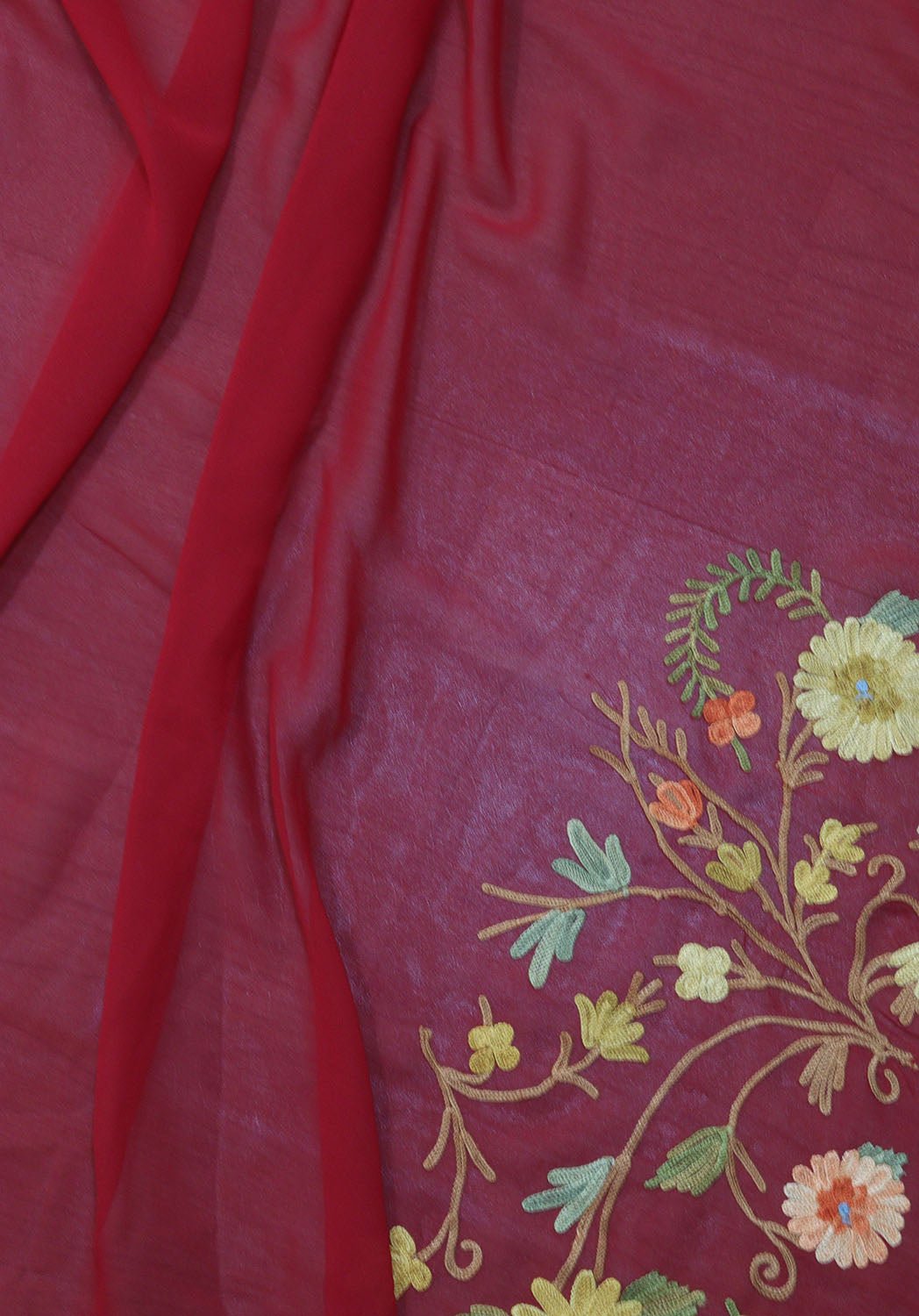 Red Embroidered Kashmiri Aari Work Georgette Saree - Luxurion World