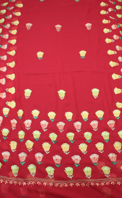Red Embroidered Kashmiri Aari Work Georgette Saree - Luxurion World