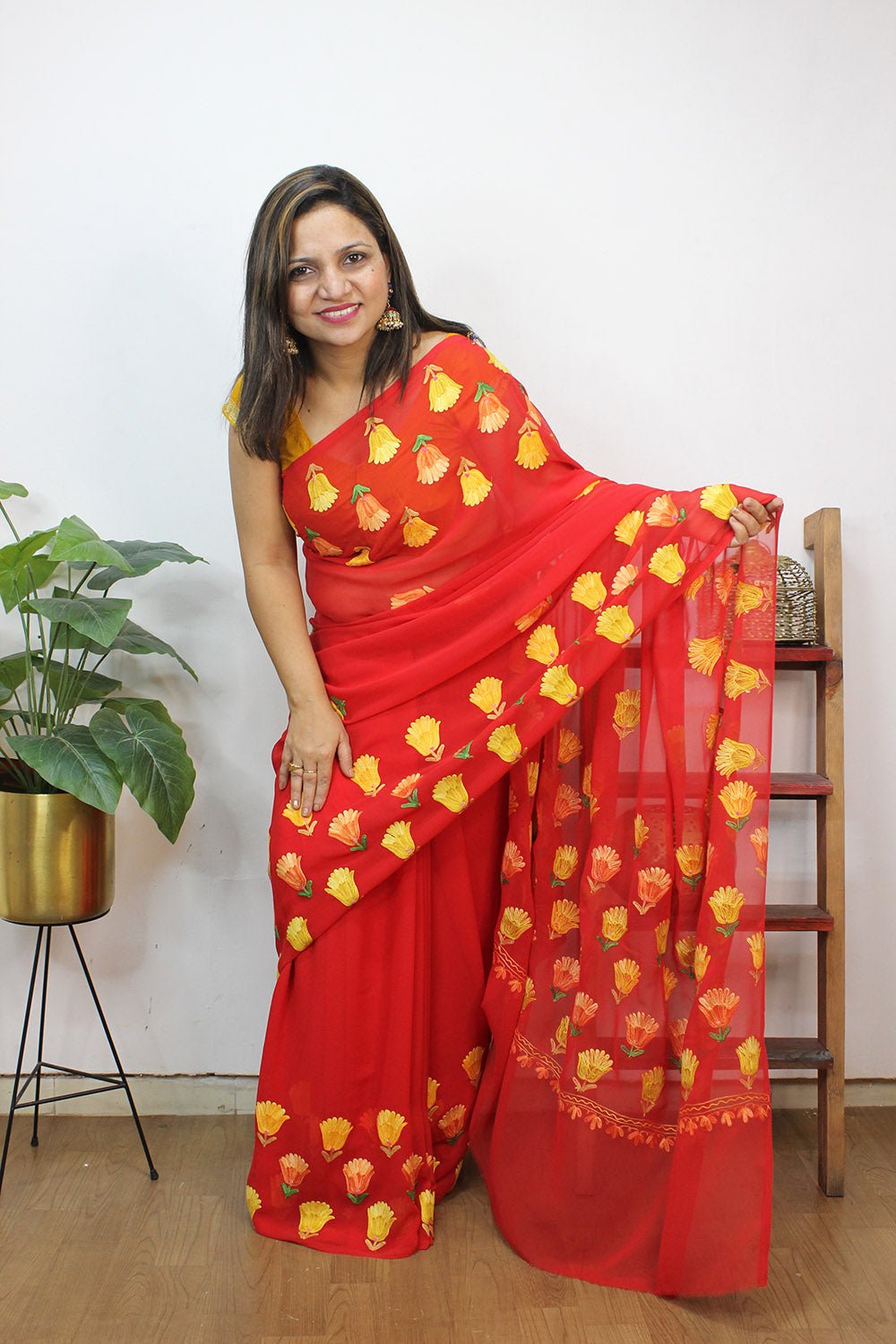 Red Embroidered Kashmiri Aari Work Georgette Saree - Luxurion World