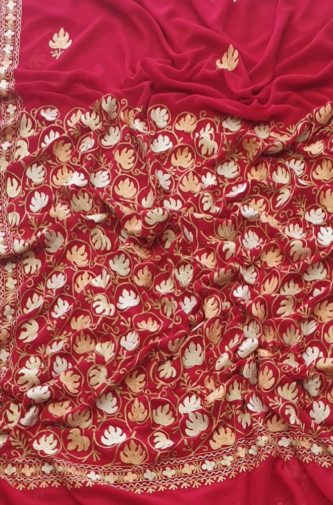 Red Embroidered Kashmiri Aari Work Georgette Saree Luxurionworld