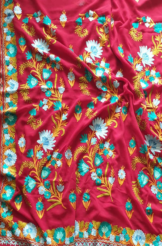 Red Embroidered Kashmiri Aari Work Georgette Saree - Luxurion World