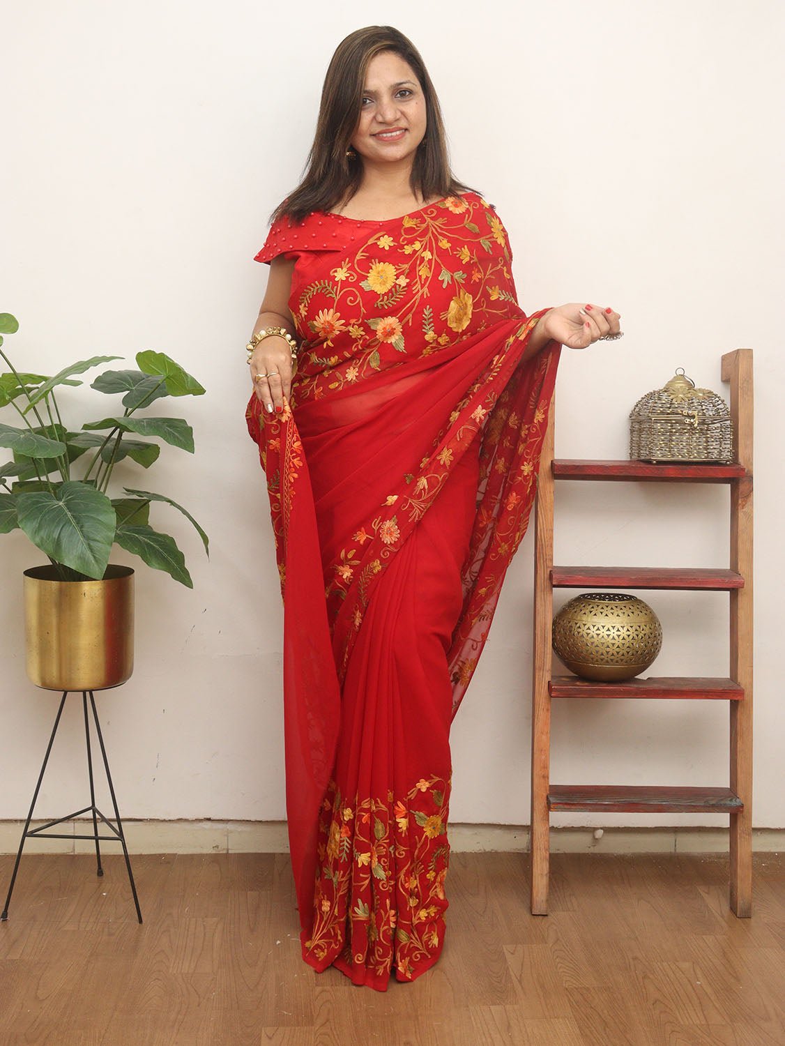Red Embroidered Kashmiri Aari Work Georgette Saree - Luxurion World