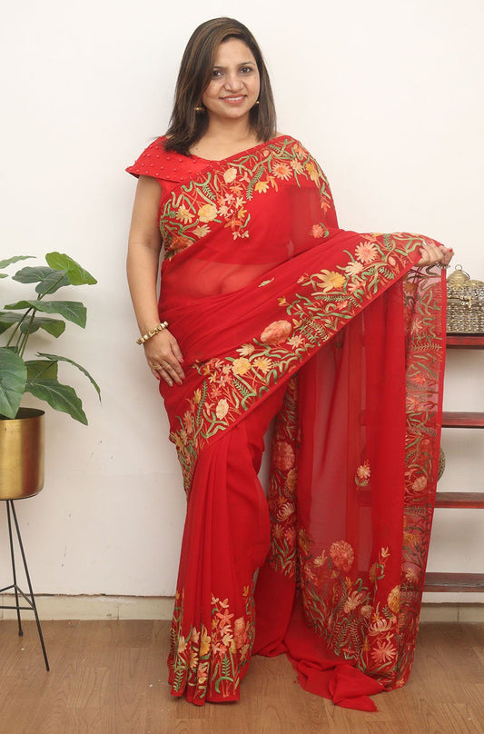 Red Embroidered Kashmiri Aari Work Georgette Saree - Luxurion World