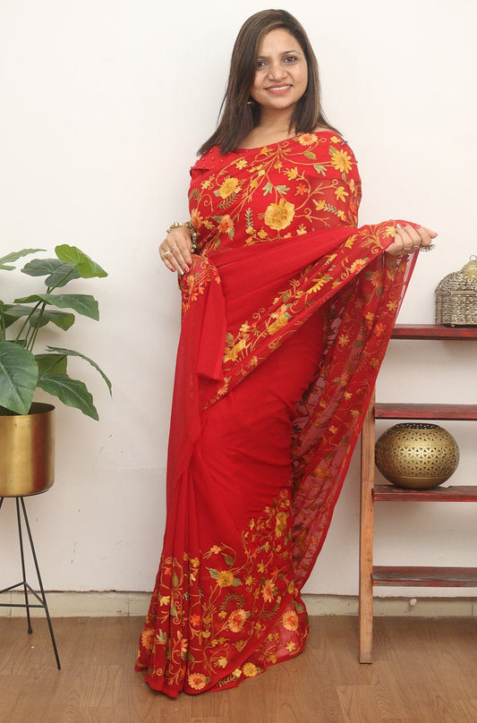 Red Embroidered Kashmiri Aari Work Georgette Saree - Luxurion World