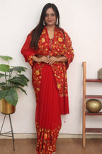 Red Embroidered Kashmiri Aari Work Georgette Saree - Luxurion World