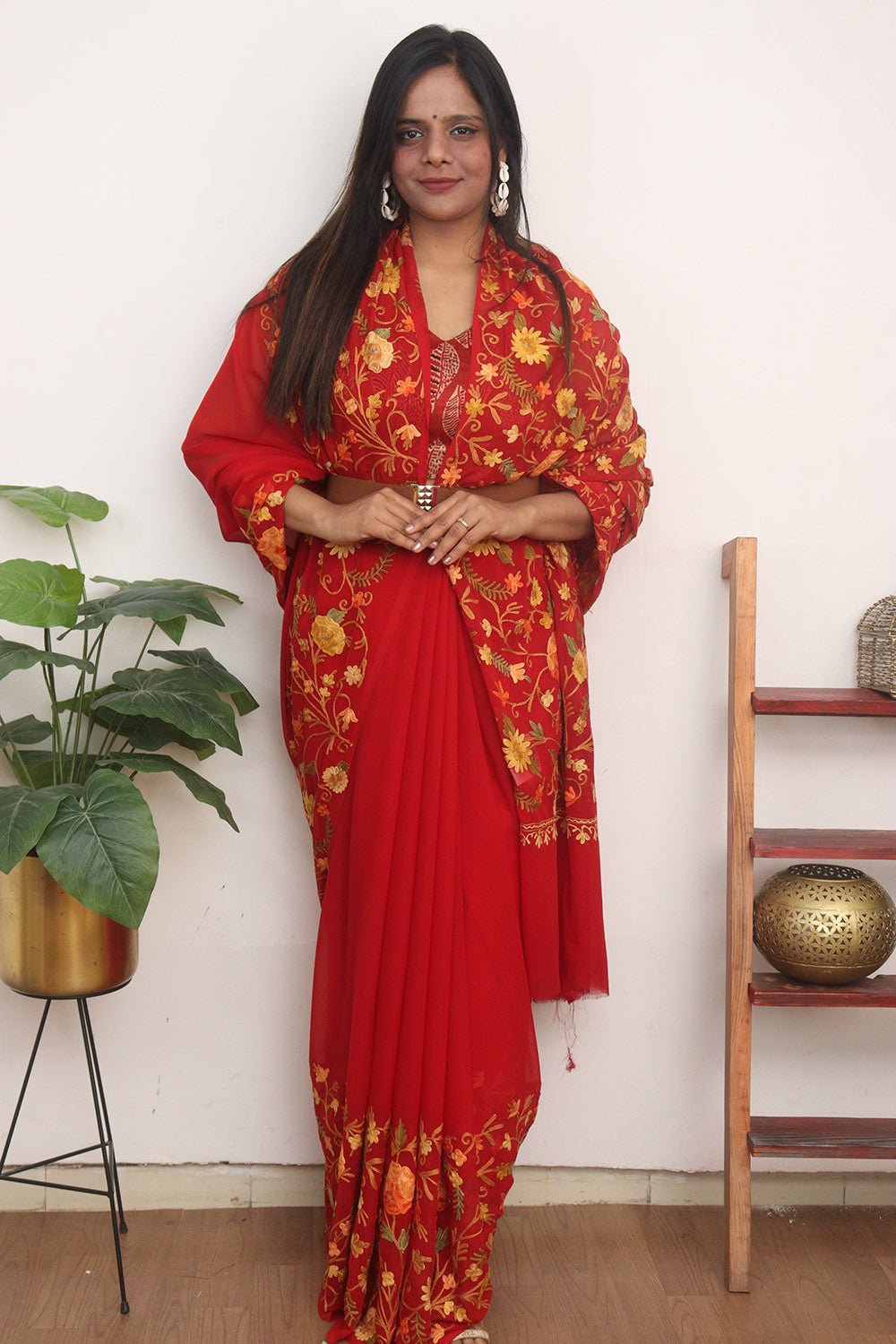 Red Embroidered Kashmiri Aari Work Georgette Saree - Luxurion World