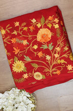 Red Embroidered Kashmiri Aari Work Georgette Saree - Luxurion World