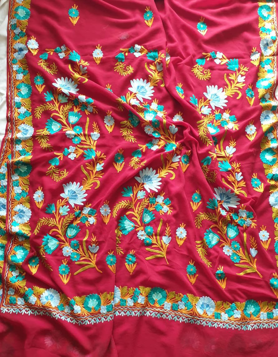 Red Embroidered Kashmiri Aari Work Georgette Saree - Luxurion World