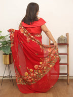 Red Embroidered Kashmiri Aari Work Georgette Saree - Luxurion World