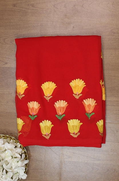 Red Embroidered Kashmiri Aari Work Georgette Saree - Luxurion World